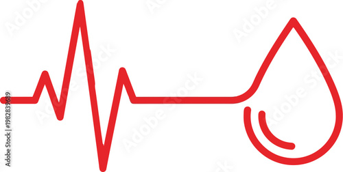 Medical red icon showing a heartbeat line connected to a drop symbol representing vital health care and blood donation concepts