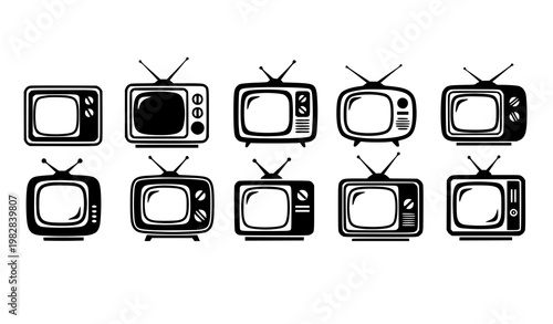 Retro television icon set vector with hand drawn vintage TV doodle outlines in black and white