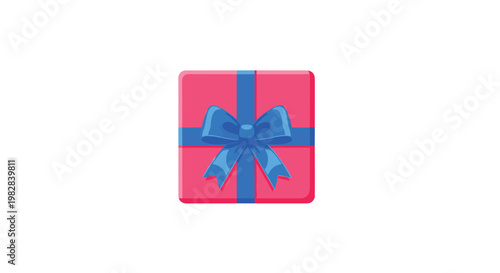 A perfectly square pink gift box is viewed from directly above showing a blue ribbon crossing through a central bow against a clean white studio backdrop.