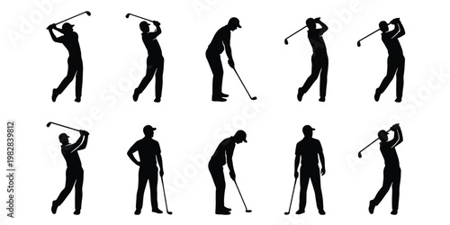 Golf player silhouettes set, 10 professional golfer vector icons, male athletes swinging golf clubs, black sport figures isolated on white