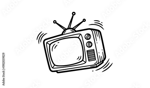 Playful retro TV doodle vector with hand drawn vintage television outline in black and white sketch style
