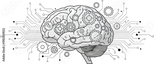 Conceptual illustration of an artificial intelligence brain with intricate gears and circuit connections representing complex thought, innovation, and digital processing power.