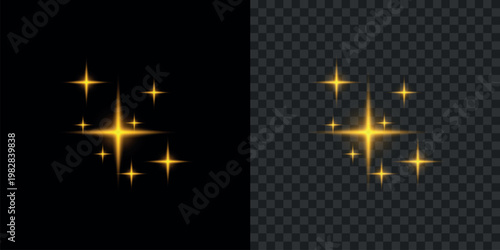 A striking visual of golden starbursts and sparkles presented on both a black and transparent background high-quality