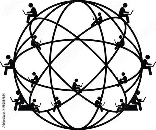 Global Network Concept of People Working on Laptops Connected via Internet Lines Over World Map Silhouette for Remote Connectivity Industry