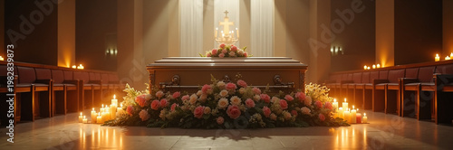 Serene altar setup with flowers and candles illuminating spiritual space. Altar features vibrant floral arrangements and gentle candlelight creating a peaceful atmosphere for worship.