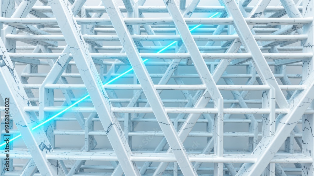 Fototapeta premium Abstract geometric structure. White lines intersect, creating complex patterns. Bright blue neon lights add contrast, depth. Minimalist design.