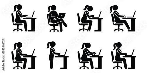 Ergonomic office posture icons, woman sitting and standing at desk with laptop, black stick figure silhouettes for workplace health and safety