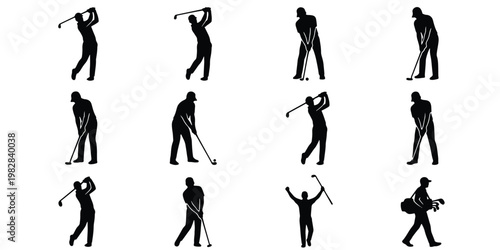 Professional golf player silhouettes, set of 12 golfer icons in various swing poses, black vector sports figures for tournament branding and club logos