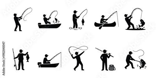 Fishing silhouette icons set, fisherman catching fish in boat and standing, 10 vector elements for outdoor hobby and sport fishing graphics