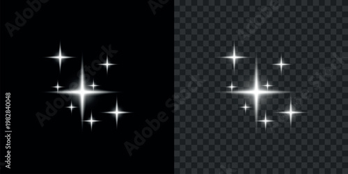 A striking visual depicts sparkling starbursts and glittering light effects against both black and transparent backgrounds high-quality