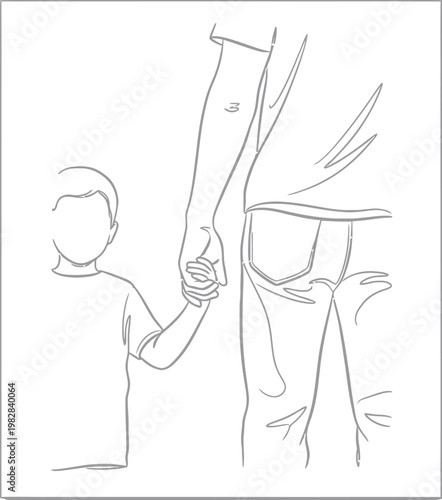Minimalist line art illustration portraying a child's small hand clasped securely in an adult's larger hand, symbolizing guidance, protection, and parental love.