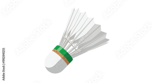 A professional white badminton shuttlecock featuring real feathers and a green band around the cork base is positioned diagonally on a white surface.
