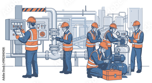 Workers in an industrial setting performing maintenance tasks.