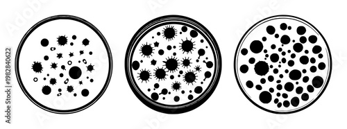 Petri dish set with solid black silhouette of bacteria cultures with clean circular edges featuring bacteria, microbiology icon, culture illustration with black and white and white background