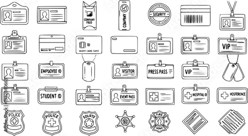 Hand Drawn ID Card and Badge Icons Set. Sketchy Identification Passes: Employee, Student, VIP, Visitor, Press, Event, Hospital, Security, Police, and Fire Service Symbols.