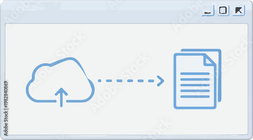 Blue cloud icon transferring digital data into document files displayed inside a simple modern graphical user interface window