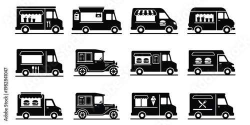 Black food truck icon set, 12 street food van silhouettes, mobile kitchen and catering vehicle vector collection, restaurant on wheels graphics