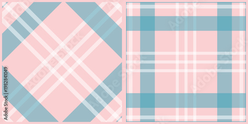 Pink and blue plaid textile patterns with diamond and square designs