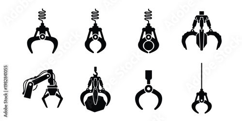 Industrial robotic claw icons, set of 8 mechanical crane grabber silhouettes, heavy machinery crane hook and hydraulic gripper vector elements