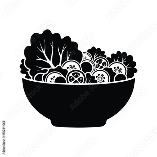 Fresh salad bowl vector illustration showing healthy vegetable mix with lettuce leaves tomato slices and cucumber pieces.