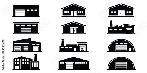 Industrial warehouse icon set, 12 black factory building vectors, logistics storage facility silhouettes, manufacturing plant and hangar symbols