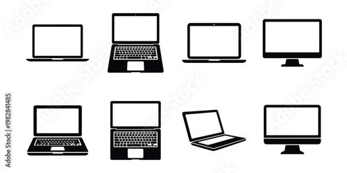 Minimalist laptop icon set, black computer vector silhouettes, 8 digital screen device elements, modern electronic hardware icons for web design