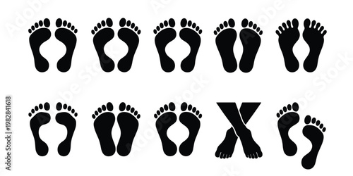 Black human footprint silhouettes set, collection of ten pairs of bare feet icons, various standing and walking foot positions, vector graphic elements