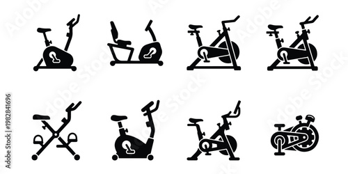 Stationary exercise bike icon set, 8 black silhouette fitness equipment vectors, indoor cycling and gym workout machines for cardio training