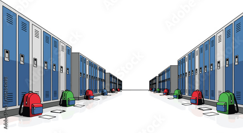 A long perspective view of a clean school corridor features rows of blue lockers with vibrant red and green backpacks resting on the polished floor.