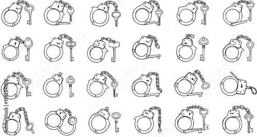 Black and White Handcuffs and Keys Line Art Set - Various Outline Sketches of Law Enforcement Security Objects