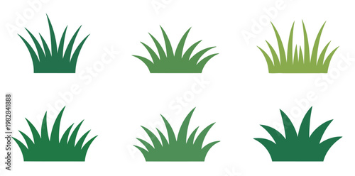 Green grass blades collection showcasing multiple shades, detailed styles, and realistic lawn clumps, presented as vector illustration elements isolated on white background for nature-themed graphics