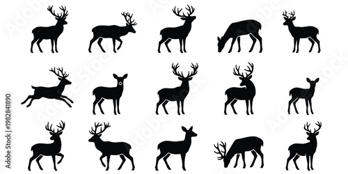 Deer silhouette collection with 15 stag and doe icons, black reindeer vector set, wild forest animal shapes for hunting and nature design
