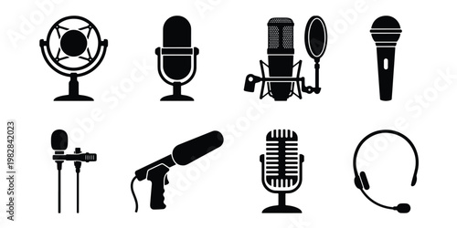 Professional microphone icon set, black silhouette audio equipment collection, studio recording and podcasting gear vectors, 8 sound device symbols