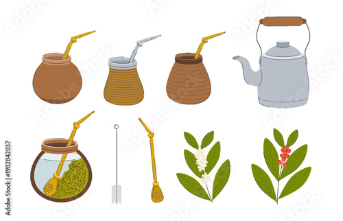 Yerba Mate Elements: Traditional Mate Cups, Bombillas, and Leaves