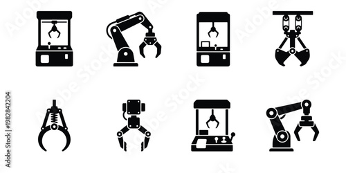 Industrial robotic claw icon set, mechanical arm and crane hook vector collection, 8 black silhouette factory equipment symbols for manufacturing