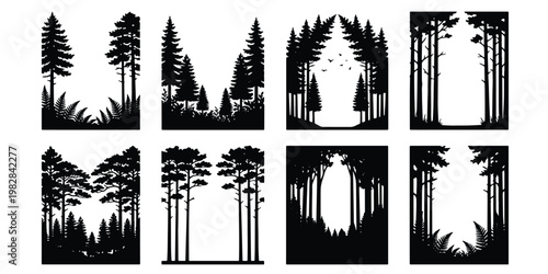 Black forest silhouette frames, set of 8 pine tree border vectors, coniferous woodland landscape elements, rustic nature scenery for outdoor branding