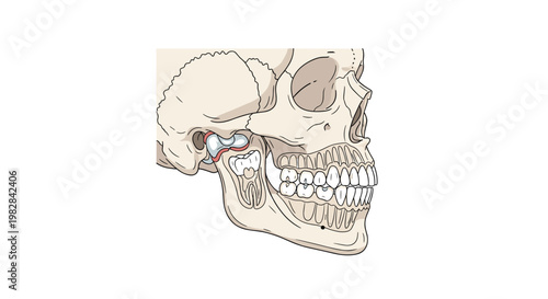 A detailed lateral anatomical diagram of a human skull highlights the complex structure of the jawbone and the alignment of the upper and lower teeth.
