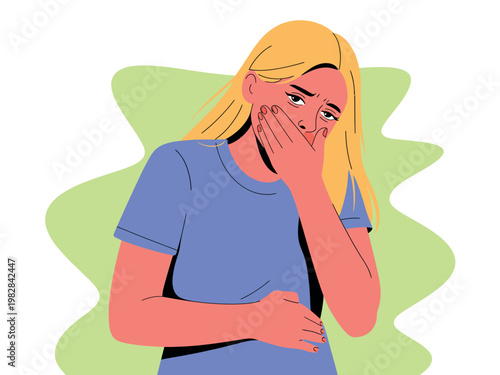 A cartoon woman with blonde hair covering her mouth in shock or surprise