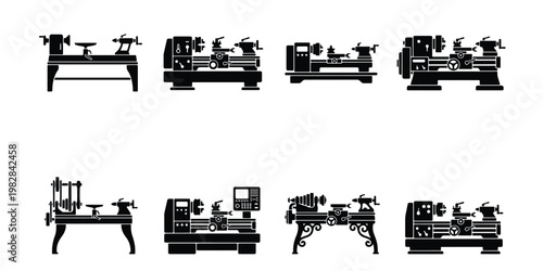 Industrial lathe machine silhouettes, set of 8 metalworking woodturning equipment icons, mechanical workshop tool vector graphics for manufacturing