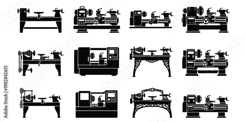 Industrial lathe machine icons set, metalworking and woodworking equipment silhouettes, collection of 12 mechanical engineering vector tools