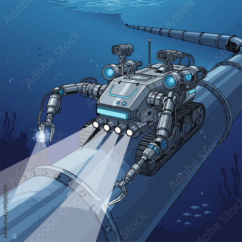 A maintenance robot with multiple specialized tools and cameras crawling along an underwater pipeline to perform repairs. Digital vector illustration, deep blue ocean tones, bright spotlight beams