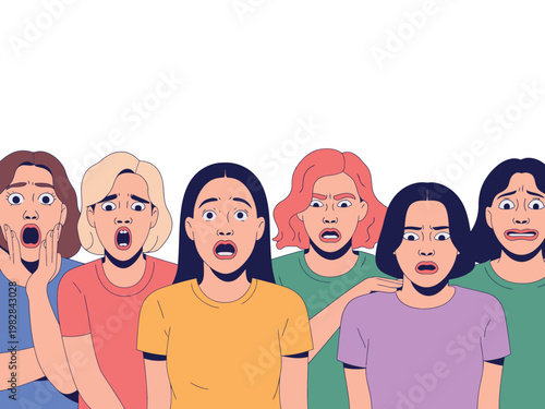 A group of shocked women with surprised expressions on their faces in cartoon style