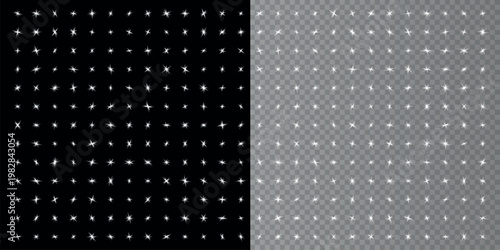 A collection of bright white starbursts and sparkles displayed on both black and gray backgrounds high-quality professional