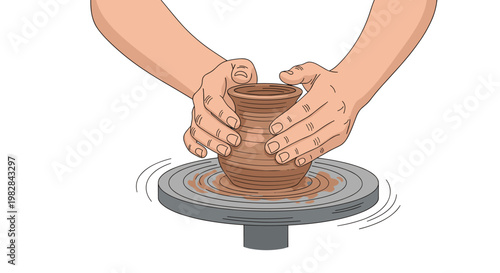 Two skilled hands are carefully shaping a wet brown clay pot on a spinning grey pottery wheel against a clean and minimalist white background scene.
