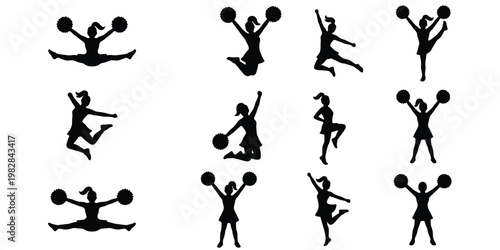 Cheerleader silhouette set with pom poms, active cheerleading girl figures in dynamic poses, 12 athletic female dancer vector elements for sports branding