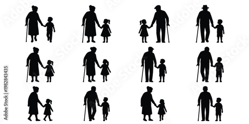 Grandparents and grandchildren silhouettes set, 12 vector icons of elderly people walking with kids, senior citizens with walking sticks and children