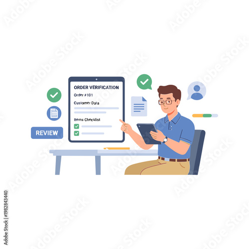 A man reviews order verification on a tablet next to a large smartphone