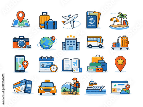 Travel Icons Set Luggage, Airplane, Passport, Map, Hotel, Taxi, Cruise Ship, Camera