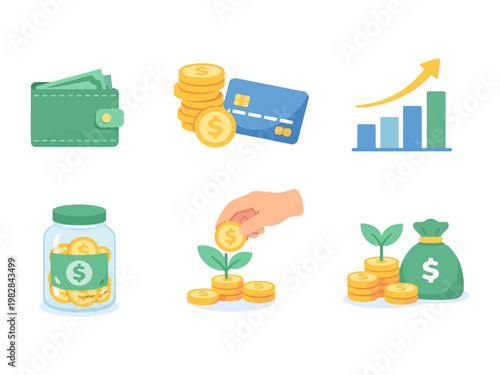 Canvastavla Financial Icons Wallet, Coins, Credit Card, Jar, Growing Plants, Money Bag