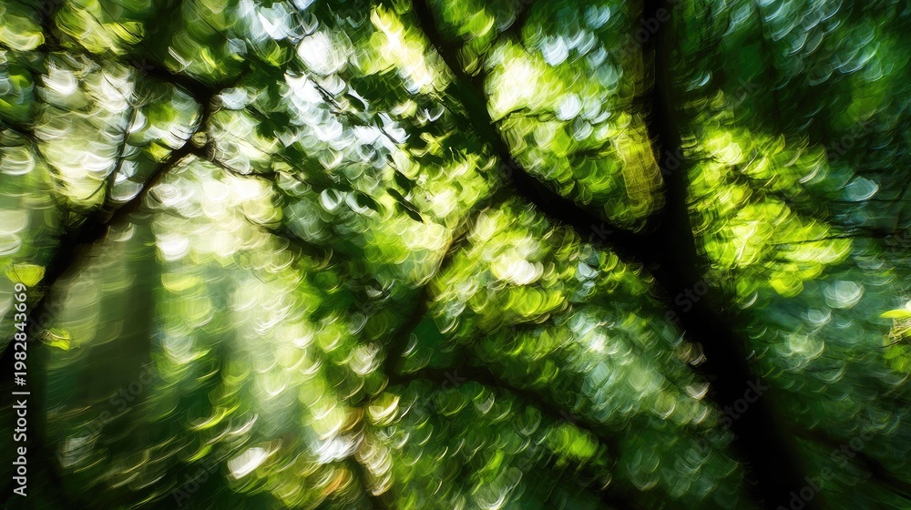 Fototapeta premium A beautiful abstract of light filtering through the canopy of a forest, creating a dappled, moving pattern of light and shadow, organic and peaceful, blurred background --ar 16:9 